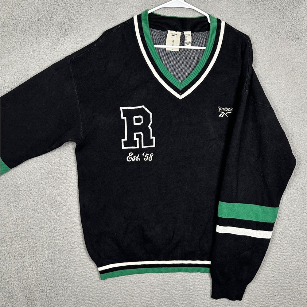 Reebok x Forever 21 Sweater Mens Large V-Neck Black Varsity Est 58 Knit Pullover